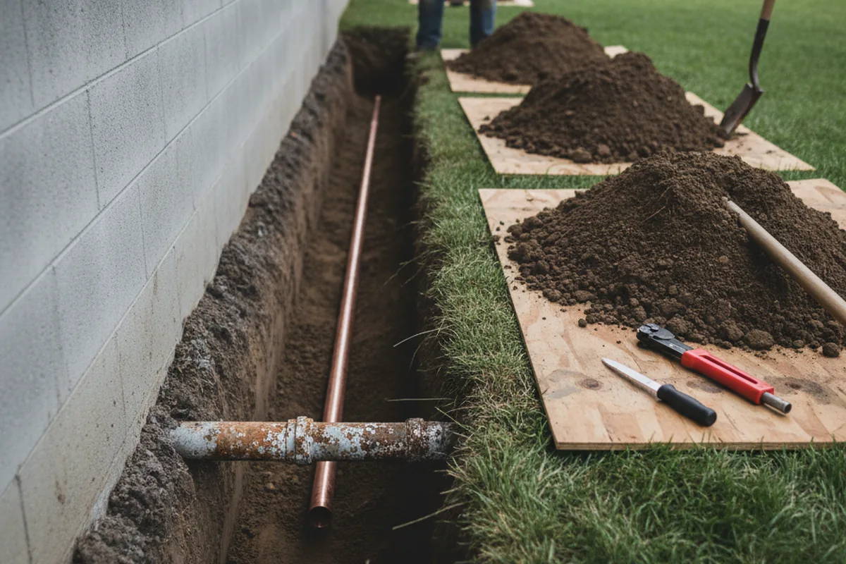 Excavated water line trench during Water Heater Repair in New Ipswich